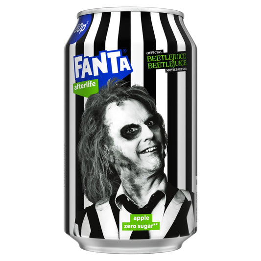 Fanta afterlife limenka s okusom jabuke, bez šećera, crno-bijeli dizajn